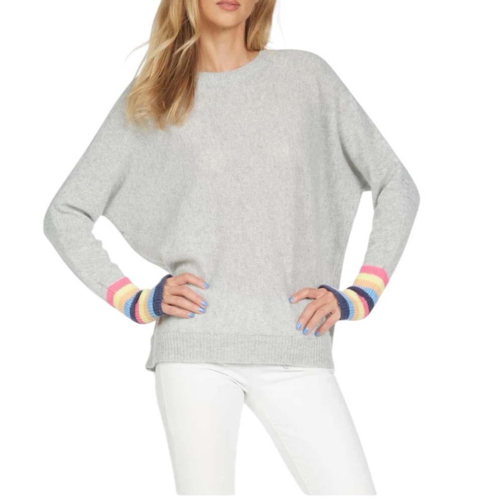 Michael Lauren 100% Cashmere RUPERT LE DRAPED SWEATER Gray Sweater Striped Cuffs